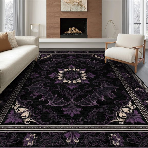 ODIKA 8'x10' Washable Area Rug Gothic Mirrored Bat Foliage Romantic Ornate Halloween Flowers for Dining Room, Large Office, Lounge, Non-Slip Chair-Friendly Mat