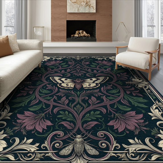 ODIKA 8'x10' Washable Area Rug Gothic Moth Design With Botanical Vine Symmetry Accents Witchy Floral Refined for Dining Room, Large Office, Lounge, Non-Slip Chair-Friendly Mat