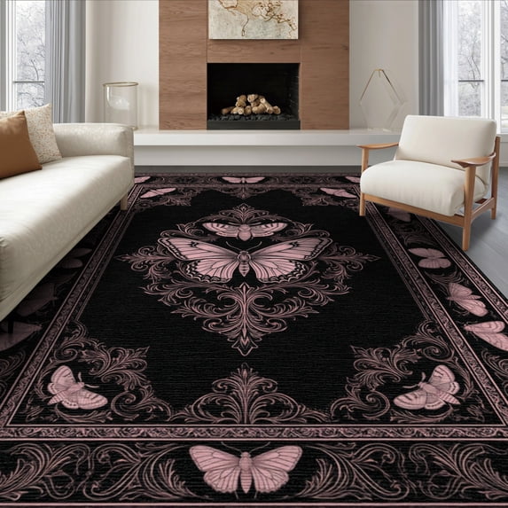 ODIKA 8'x10' Washable Area Rug Gothic Pink Moth Delicate Scrollwork Mirrored Butterfly Shaped for King Size Bedroom Under Bed, Master Suite, Non-Shedding, Easy Care