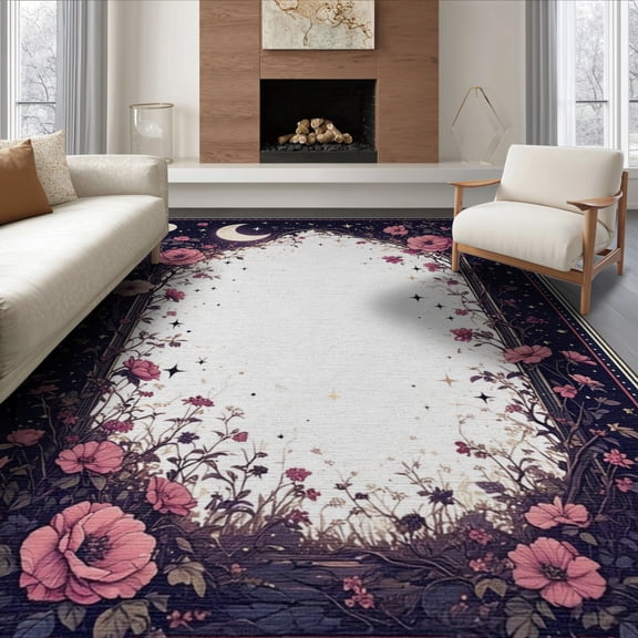 ODIKA 8'x10' Washable Area Rug Gothic Pink Witchy Moons Stars Trailing Blooms Purple Flower for Dining Room, Large Office, Lounge, Non-Slip Chair-Friendly Mat