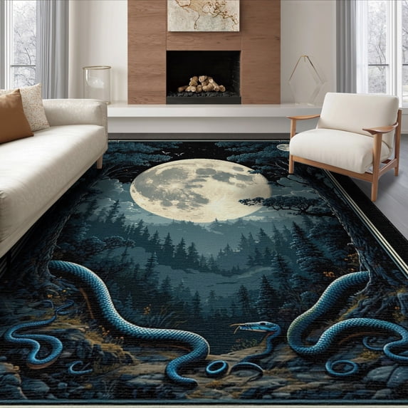 ODIKA 8'x10' Washable Area Rug Gothic Serpentine Snake Forest Mystical Symbols Whimsy Tattoo for Living Room, Under Sectional, Family , Durable, Non-Slip