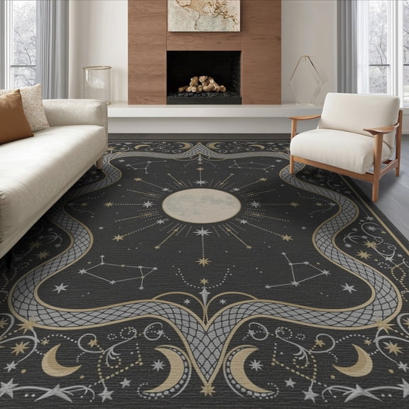 ODIKA 8'x10' Washable Area Rug Gothic Serpents Frame Vintage Serpent Motifs Border Coils Snake Flowing Dynamic for Living Room, Under Sectional, Family , Durable, Non-Slip