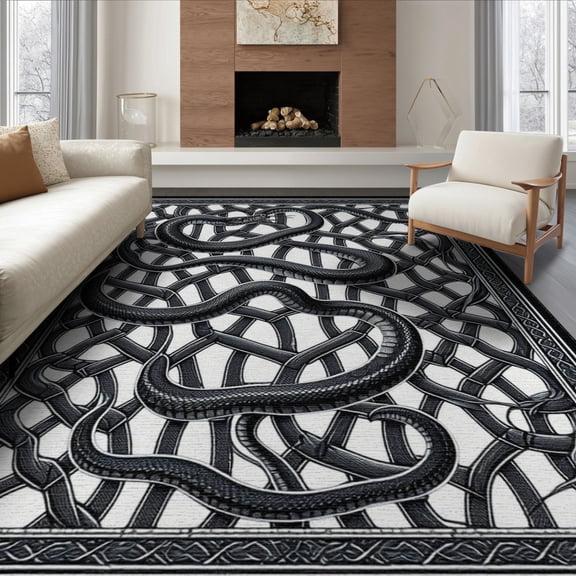 ODIKA 8'x10' Washable Area Rug Gothic Snake Witchy Moody Whimsical Goth Interlocking Repeating for King Size Bedroom Under Bed, Master Suite, Non-Shedding, Easy Care