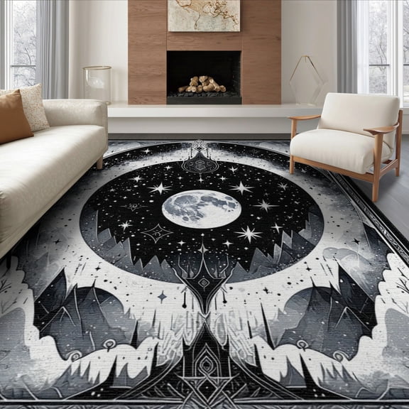 ODIKA 8'x10' Washable Area Rug Gothic Witchy Haul Mystical Symbols Arcane Stars Moons Corridor for Dining Room, Large Office, Lounge, Non-Slip Chair-Friendly Mat