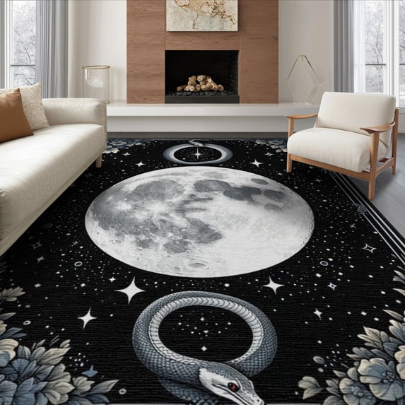 ODIKA 8'x10' Washable Area Rug Gothic Witchy Snake Moody Whimsical Boho Border Moth Witch Themed for Dining Room, Large Office, Lounge, Non-Slip Chair-Friendly Mat