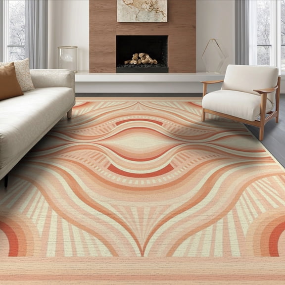 ODIKA 8'x10' Washable Area Rug Gradient Abstract Ombre Swirling Wave Border Pastel Flow Peach Flowing Dynamic for King Size Bedroom Under Bed, Master Suite, Non-Shedding, Easy Care