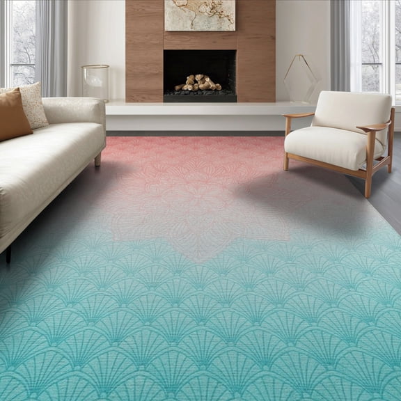 ODIKA 8'x10' Washable Area Rug Gradient Fish Ombre Glitter Look Scale Seashell Mermaid Flowing for Dining Room, Large Office, Lounge, Non-Slip Chair-Friendly Mat