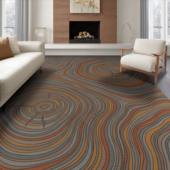 ODIKA 8'x10' Washable Area Rug Grain Rustic Nature With Earthy Annual Rings Tree Stump Wood Playful Expressive for Living Room, Under Sectional, Family , Durable, Non-Slip