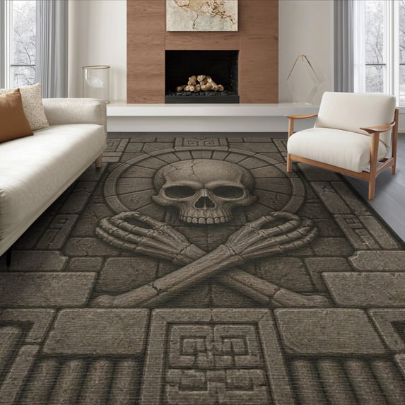 ODIKA 8'x10' Washable Area Rug Gray Stone Skull Relief Design Intricate Gothic Motif with Geometric Borders for Dining Room, Large Office, Lounge, Non-Slip Chair-Friendly Mat