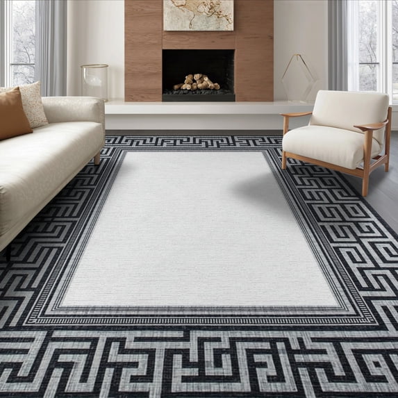 ODIKA 8'x10' Washable Area Rug Greek Bordered Key Meander Frame Mythology Border Interlocking for King Size Bedroom Under Bed, Master Suite, Non-Shedding, Easy Care