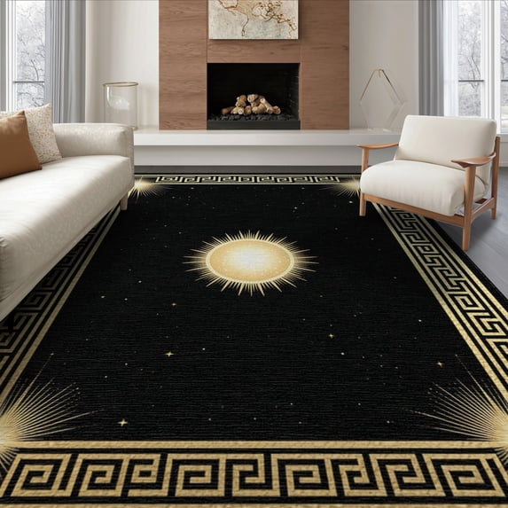 ODIKA 8'x10' Washable Area Rug Greek Glam Key Border Sparkle Sunburst Round Symmetrical Shimmer for King Size Bedroom Under Bed, Master Suite, Non-Shedding, Easy Care