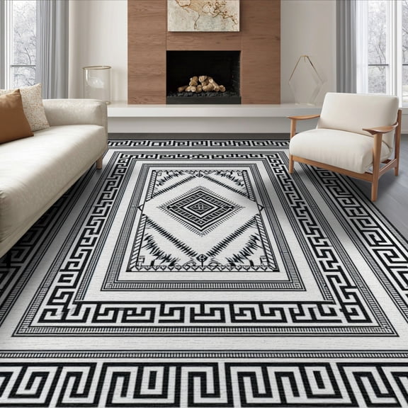 ODIKA 8'x10' Washable Area Rug Greek Key Boho Lattice Meander Motifs Geometric Border Motif for King Size Bedroom Under Bed, Master Suite, Non-Shedding, Easy Care