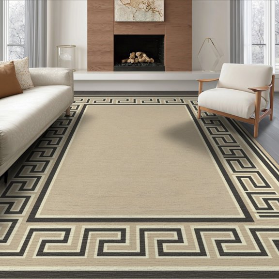 ODIKA 8'x10' Washable Area Rug Greek Key Bold Fret Motif Symmetrical Panel Layout Graphic Print for Living Room, Under Sectional, Family , Durable, Non-Slip