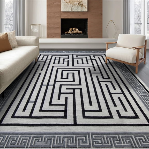 ODIKA 8'x10' Washable Area Rug Greek Key Classical Meander Fret Interlocking Maze Mythology for Living Room, Under Sectional, Family , Durable, Non-Slip