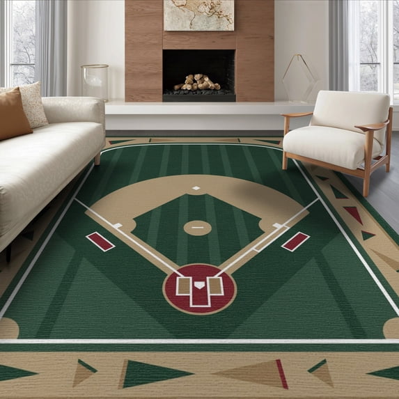 ODIKA 8'x10' Washable Area Rug Green Baseball Field Design Featuring Diamond Shape And Border Flags for Dining Room, Large Office, Lounge, Non-Slip Chair-Friendly Mat