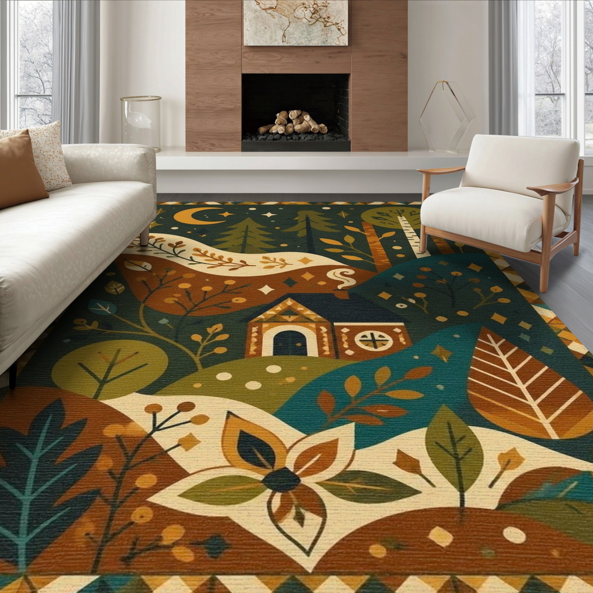 Magical Forest Rug ODIKA 8'x10' Washable Area Rug Green Earthy Landscape with Autumn ...