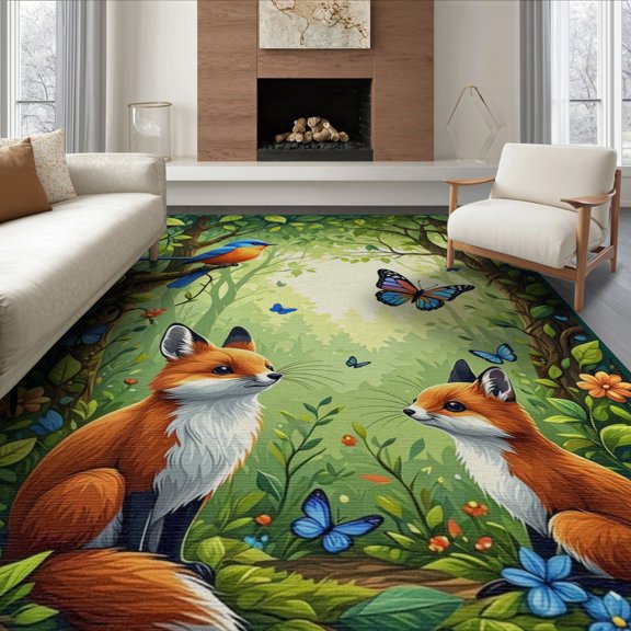 ODIKA 8'x10' Washable Area Rug Green Enchanted Forest Scene Birds Whimsical Foxes with and Butterflies for Living Room, Under Sectional, Family , Durable, Non-Slip