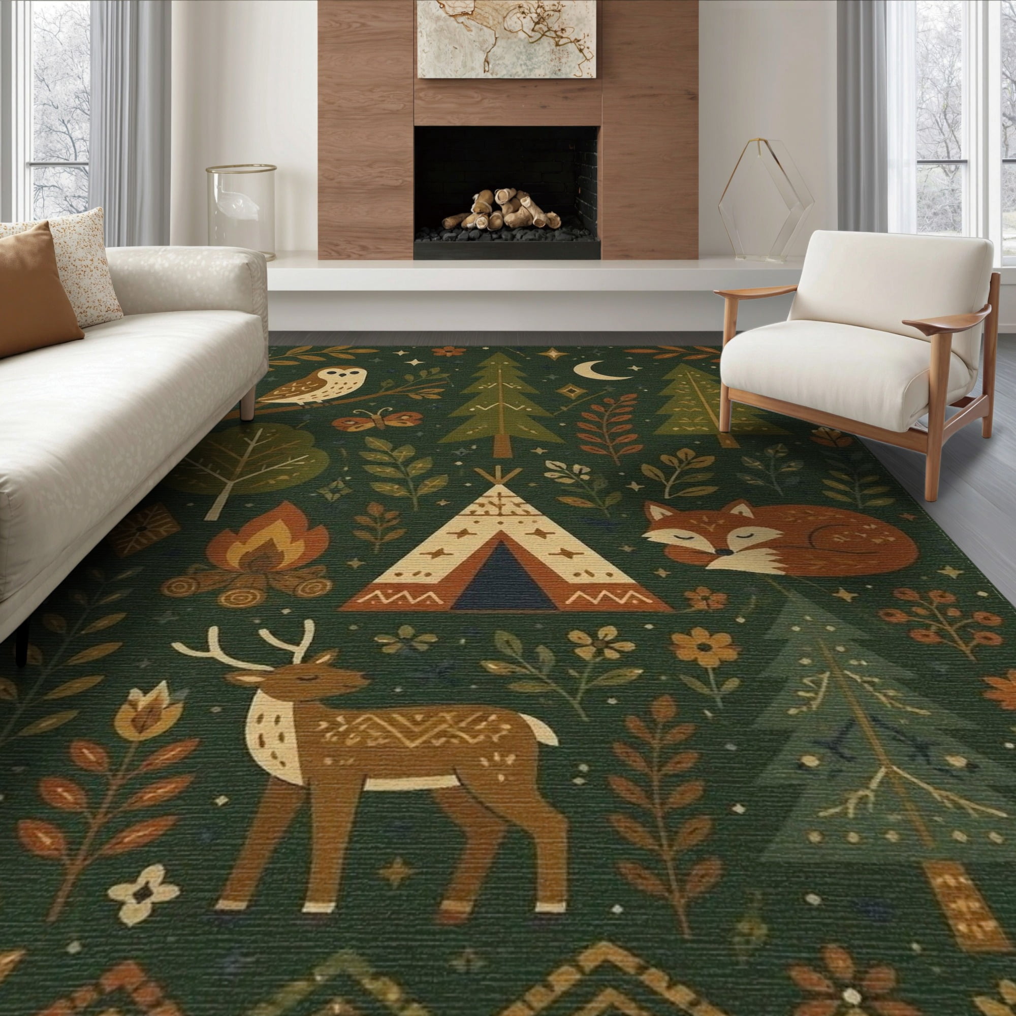 Foresty Rug ODIKA 8'x10' Washable Area Rug Green Enchanting Forest Woodland Motif ...