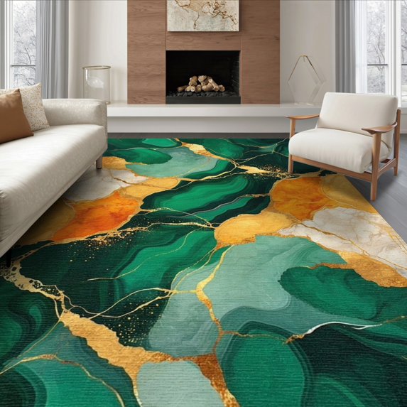 ODIKA 8'x10' Washable Area Rug Green Gold Abstract Marble Design Vibrant Symmetrical Fluid Swirling Veins for Dining Room, Large Office, Lounge, Non-Slip Chair-Friendly Mat