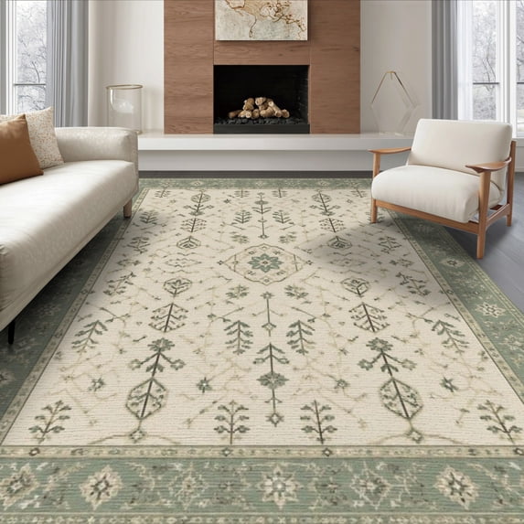 ODIKA 8'x10' Washable Area Rug Green Ivory Sage Floral Medallion Intricate Botanical Motif with Elegant Border for Dining Room, Large Office, Lounge, Non-Slip Chair-Friendly Mat