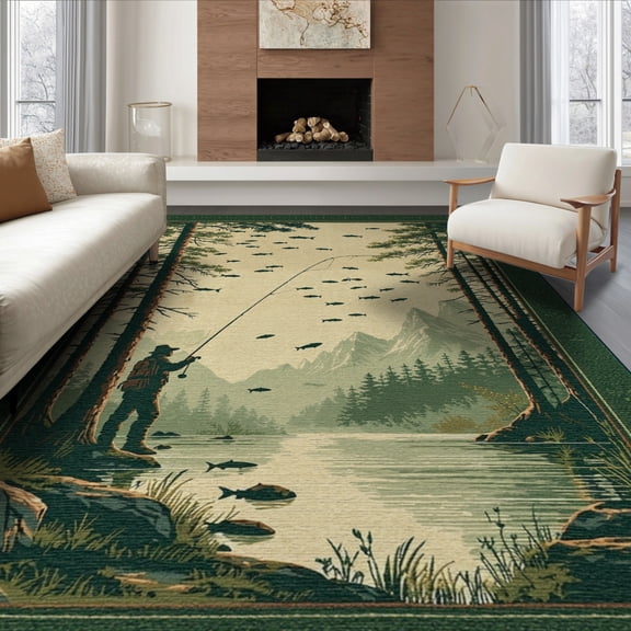 ODIKA 8'x10' Washable Area Rug Green Vintage Fish Forest Design Rustic Fishing Scene with Mountain Border for King Size Bedroom Under Bed, Master Suite, Non-Shedding, Easy Care