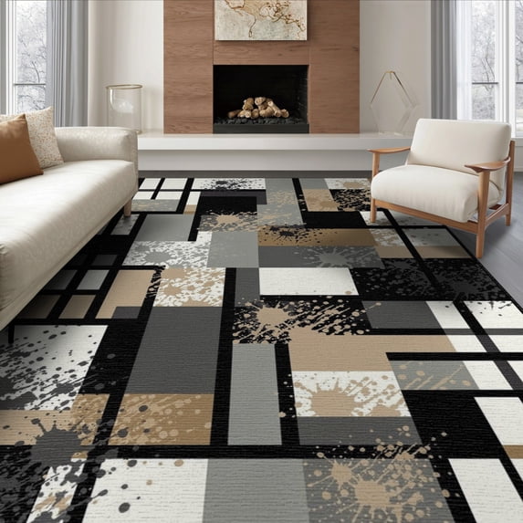 ODIKA 8'x10' Washable Area Rug Grey Abstract Geometric Grid Block Splatter Brushstroke Marbled for Dining Room, Large Office, Lounge, Non-Slip Chair-Friendly Mat