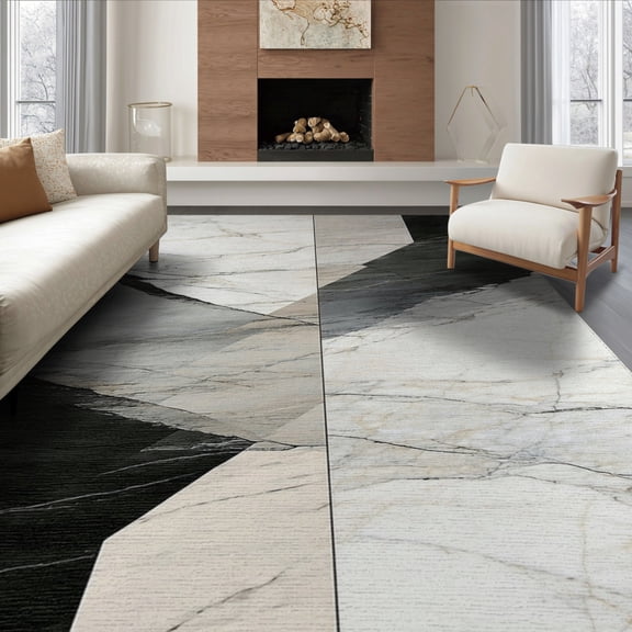 ODIKA 8'x10' Washable Area Rug Grey Ivory Abstract Marble Design Modern Asymmetrical Brushstroke for King Size Bedroom Under Bed, Master Suite, Non-Shedding, Easy Care