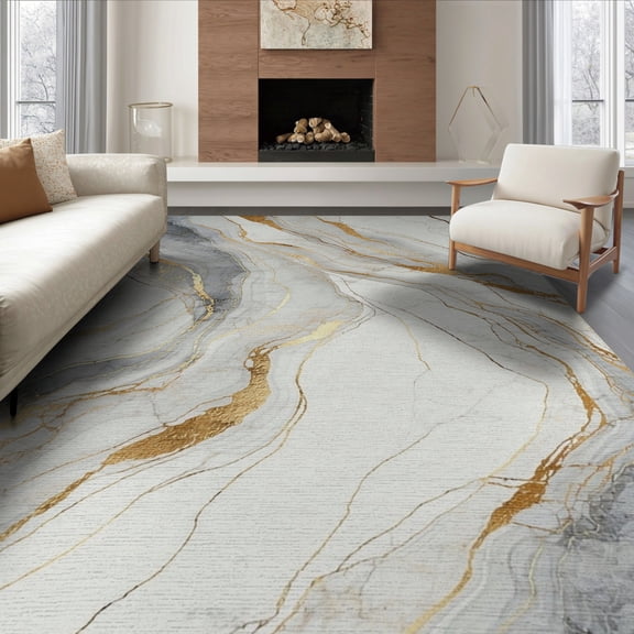 ODIKA 8'x10' Washable Area Rug Grey Ivory Abstract Marble Gold Modern Swirls with Veined Accents for Dining Room, Large Office, Lounge, Non-Slip Chair-Friendly Mat