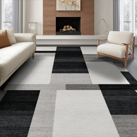 ODIKA 8'x10' Washable Area Rug Grey Striped Abstract Mid Century Block Minimalist Bands Brushstroke for Dining Room, Large Office, Lounge, Non-Slip Chair-Friendly Mat