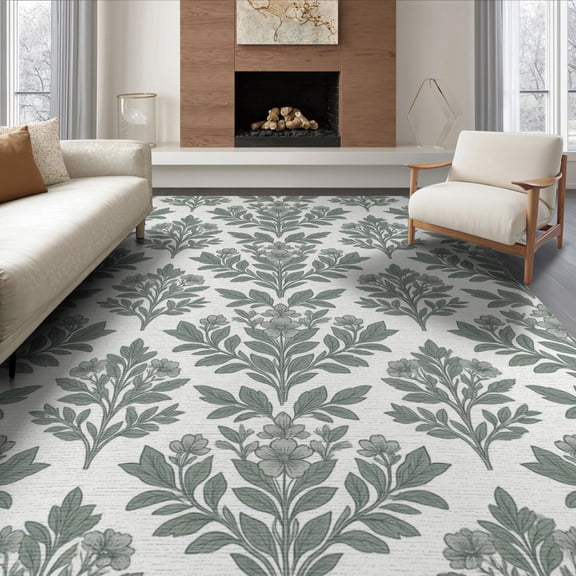 ODIKA 8'x10' Washable Area Rug Grey Vintage Cottagecore Symmetrical Motif Delicate Ivory Woodland for King Size Bedroom Under Bed, Master Suite, Non-Shedding, Easy Care