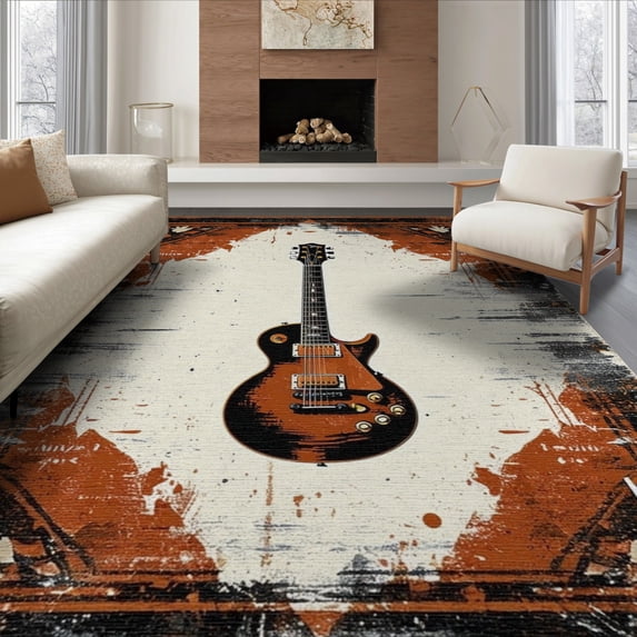 ODIKA 8'x10' Washable Area Rug Guitar Music Notes Vintage Rock Distressed Grunge Hip Border for Dining Room, Large Office, Lounge, Non-Slip Chair-Friendly Mat