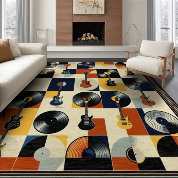 ODIKA 8'x10' Washable Area Rug Guitar Rock Music Vinyl Record Motif Retro String Themed Rocks for Living Room, Under Sectional, Family , Durable, Non-Slip