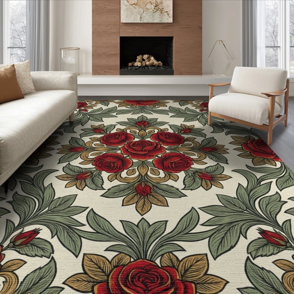 ODIKA 8'x10' Washable Area Rug Half Moon Ornate Roses Cream Ground Muted Leaves Classic Design for Dining Room, Large Office, Lounge, Non-Slip Chair-Friendly Mat