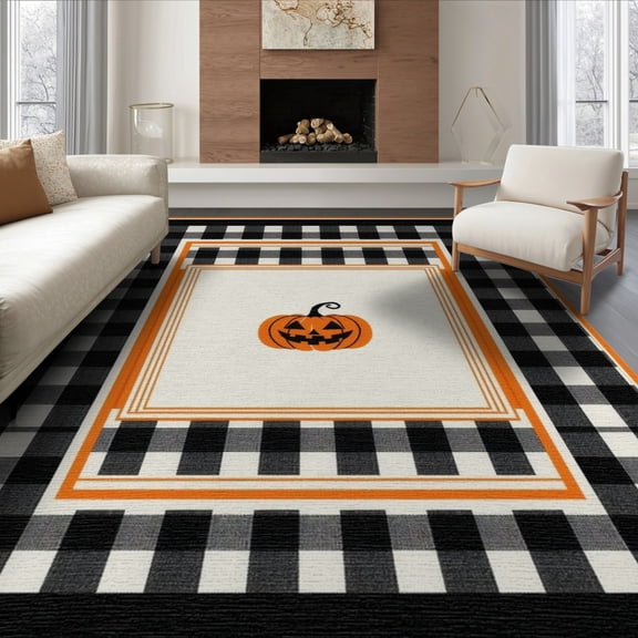 ODIKA 8'x10' Washable Area Rug Halloween Plaid Pumpkin Striped Border Door Doormat Layering for Living Room, Under Sectional, Family , Durable, Non-Slip