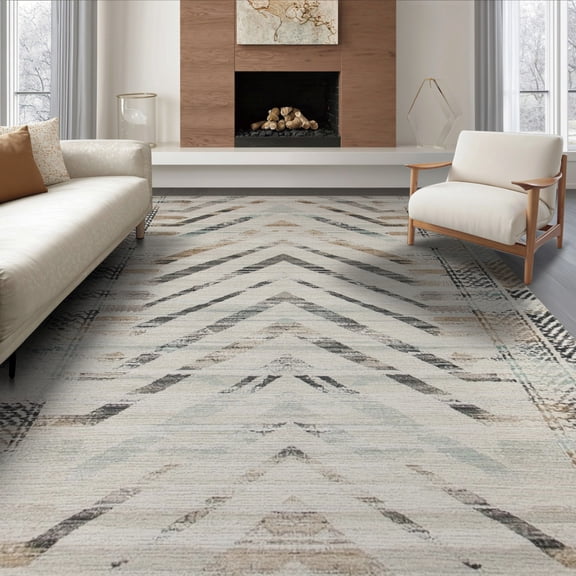 ODIKA 8'x10' Washable Area Rug Herringbone Boho Diagonal Vintage Distressed Door Farmhouse Striped for Living Room, Under Sectional, Family , Durable, Non-Slip