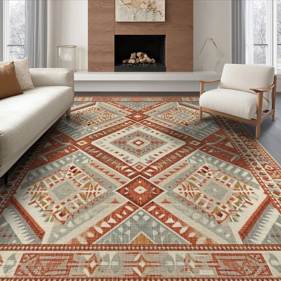 ODIKA 8'x10' Washable Area Rug Herringbone Boho Layered Geometric Door Farmhouse Striped Border for King Size Bedroom Under Bed, Master Suite, Non-Shedding, Easy Care