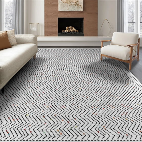 ODIKA 8'x10' Washable Area Rug Herringbone Diagonal Geometric Featuring Interlocking Shapes for King Size Bedroom Under Bed, Master Suite, Non-Shedding, Easy Care