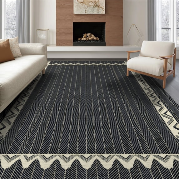 ODIKA 8'x10' Washable Area Rug Herringbone Stepped Block Zigzag Motif Contemporary Farmhouse for Living Room, Under Sectional, Family , Durable, Non-Slip