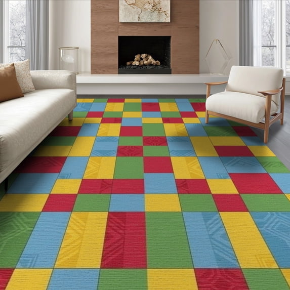 ODIKA 8'x10' Washable Area Rug Hopscotch Block Grid Motif Storybook Bedside Retro Checkered Playful Expressive for King Size Bedroom Under Bed, Master Suite, Non-Shedding, Easy Care