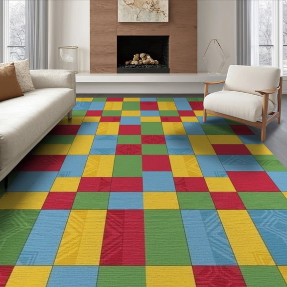 ODIKA 8'x10' Washable Area Rug Hopscotch Block Grid Motif Storybook Bedside Retro Checkered Playful Expressive for King Size Bedroom Under Bed, Master Suite, Non-Shedding, Easy Care