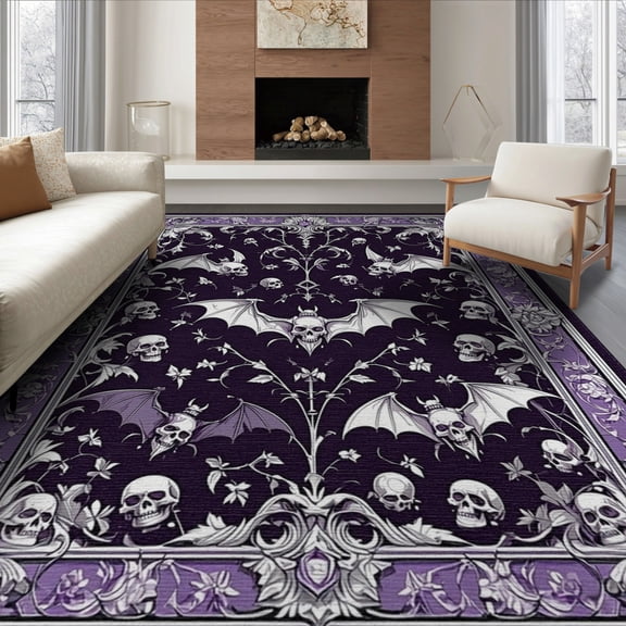 ODIKA 8'x10' Washable Area Rug Horror Bat Skull Gothic Ornamental Filigree Scrollwork Border for Dining Room, Large Office, Lounge, Non-Slip Chair-Friendly Mat