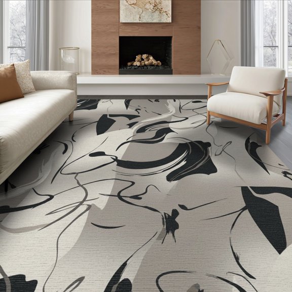 ODIKA 8'x10' Washable Area Rug With Interlocking Minimalist Accents Abstract Modern Brushstroke Playful for Living Room, Under Sectional, Family , Durable, Non-Slip