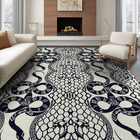 ODIKA 8'x10' Washable Area Rug Interlocking Scale Border Retro Aesthetic Snake Serpent Vintage Playful for Living Room, Under Sectional, Family , Durable, Non-Slip
