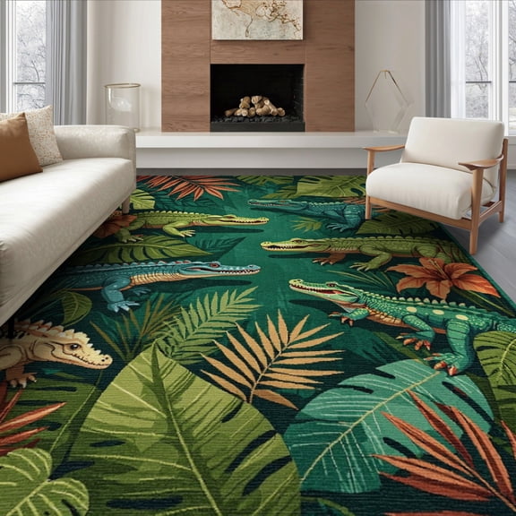 ODIKA 8'x10' Washable Area Rug Jungle Insect Eclectic Scatter Motif Patterned Motifs Border for Living Room, Under Sectional, Family , Durable, Non-Slip