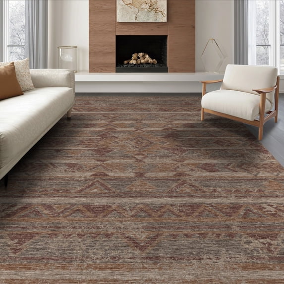 ODIKA 8'x10' Washable Area Rug Kilim Weathered Navy Bands Stepped Motif Distressed Faded Vintage for Dining Room, Large Office, Lounge, Non-Slip Chair-Friendly Mat