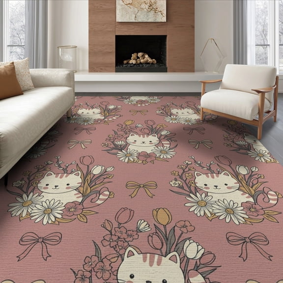 ODIKA 8'x10' Washable Area Rug Kittens Ribbon Bows Blooming Flower Border Boho Cute Cartoon Playful Expressive for Dining Room, Large Office, Lounge, Non-Slip Chair-Friendly Mat