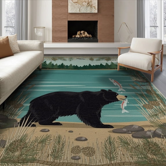 ODIKA 8'x10' Washable Area Rug Lake Border Cabin Forest Wildlife Print Motif Motifs Fishing Flowing Dynamic for Dining Room, Large Office, Lounge, Non-Slip Chair-Friendly Mat