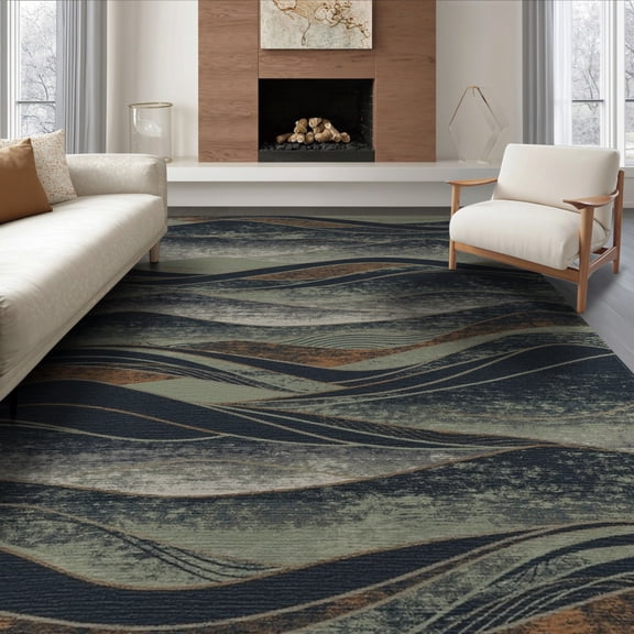 ODIKA 8'x10' Washable Area Rug Landscape Abstract Boho Distressed Layered Motif Round Tone Wave Flowing Dynamic for Dining Room, Large Office, Lounge, Non-Slip Chair-Friendly Mat