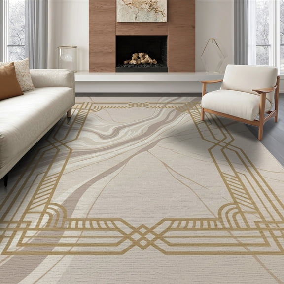 ODIKA 8'x10' Washable Area Rug Large Beige Crisp Details Radiating Outward Motif Cream Tan Grey for Dining Room, Office, Lounge, Non-Slip Chair-Friendly Mat