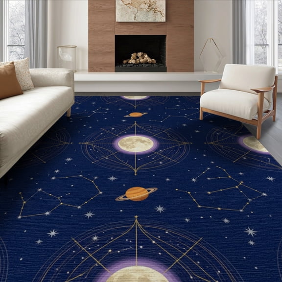 ODIKA 8'x10' Washable Area Rug Large Galaxy Cosmic Orbiting Navigation Planetary Planets Stars for King Size Bedroom Under Bed, Master Suite, Non-Shedding, Easy Care